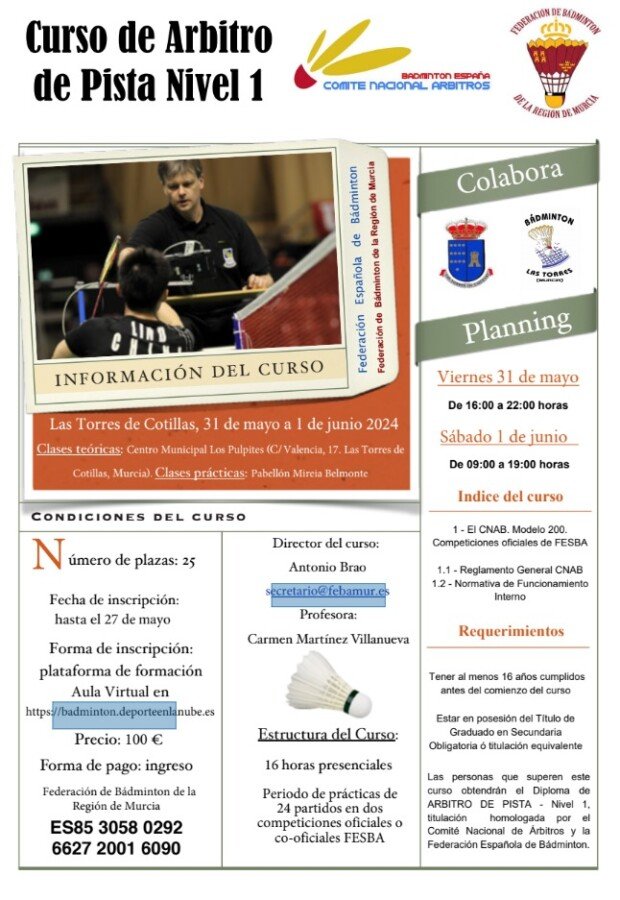 Curso Árbitro de Pista Nivel 1. Las Torres de Cotillas. Junio 2024 Curso Árbitro de Pista Nivel 1. Las Torres de Cotillas. Junio 2024