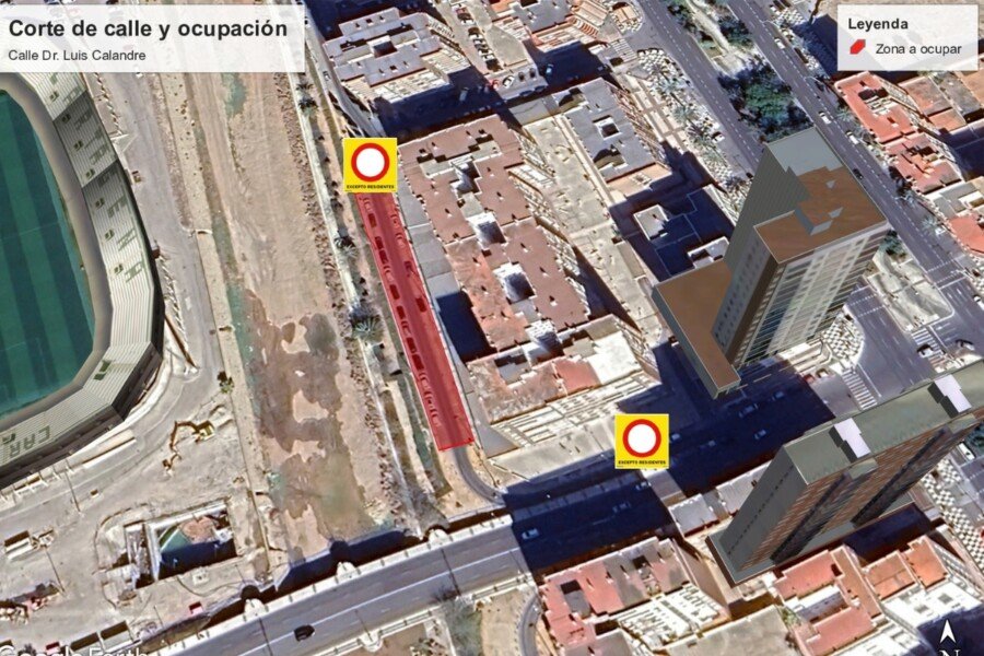 Un tramo de la calle Dr. Luis Calandre junto al estadio Cartagonova estará dos meses cortado al tráfico